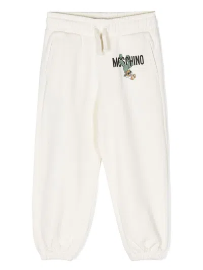 Moschino Kids' White Logo Print Cotton Track Pants In Neutrals