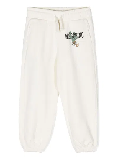 Moschino White Logo Print Cotton Track Pants In Neutrals
