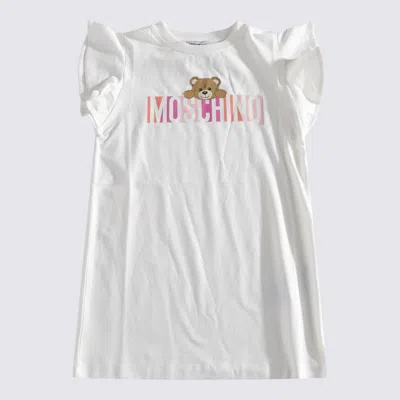 Moschino Kids' White Multicolour Cotton Blend Dress In Cloud