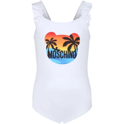 Moschino Kids' White One-piece Swimsuit For Baby Girl With Logo
