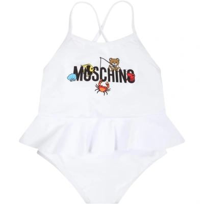 Moschino White One Piece Swimsuit For Baby Girl With Logo