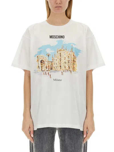 Moschino White Oversized T-shirt With Architectural Graphic In Grey