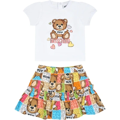 Moschino White Suit For Baby Girl With Teddy Bear And Hearts In Multicolor