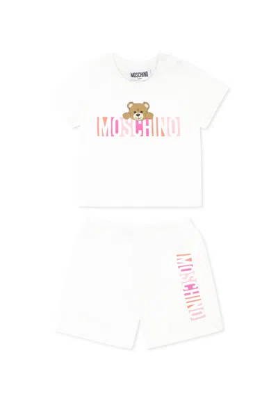 Moschino Kids' White Suit For Baby Girl With Teddy Bear In Ivory