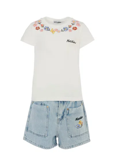 Moschino Kids' White Suit For Girl With Flowers In Burgundy