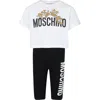 MOSCHINO WHITE SUIT FOR GIRL WITH TEDDY BEAR AND LOGO