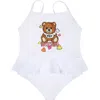 Moschino White Swimsuit For Baby Girl With Teddy Bear And Logo In White