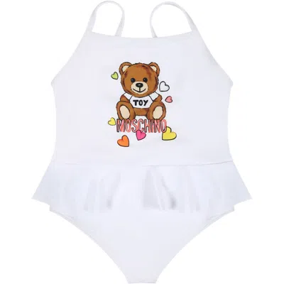 Moschino White Swimsuit For Baby Girl With Teddy Bear And Logo
