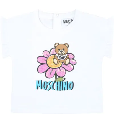Moschino White T-shirt For Baby Girl With Teddy Bear And Flowers In Bianco