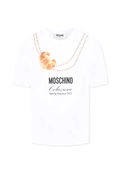 Moschino Kids' White T-shirt For Girl With Italian Croissant Print