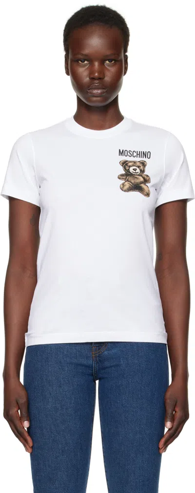 Moschino Teddy Bead Detailed Crewneck T-shirt In Bianco Fantasia