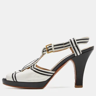 Pre-owned Moschino White/black Leather Slingback Sandals Size 37