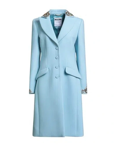 Moschino Woman Coat Sky Blue Size 10 Polyester, Virgin Wool, Synthetic Fibers, Metal, Glass