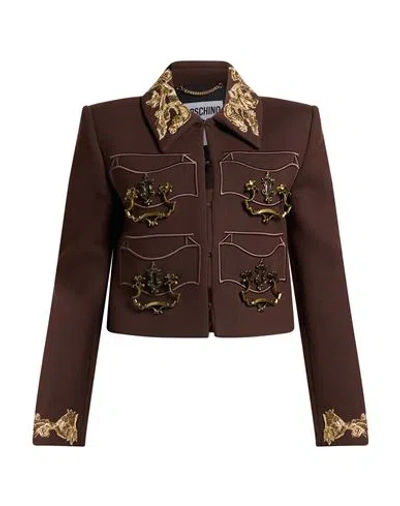 Moschino Woman Jacket Chocolate Brown Size 6 Polyester, Virgin Wool, Polyamide, Elastane