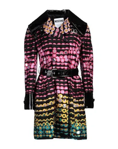 MOSCHINO MOSCHINO WOMAN OVERCOAT & TRENCH COAT BLACK SIZE 8 SILK, POLYESTER, ELASTANE, POLYURETHANE RESIN, GL