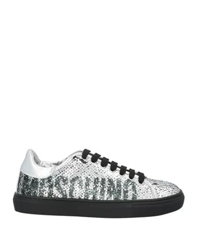 Moschino Woman Sneakers Silver Size 8 Leather, Textile Fibers