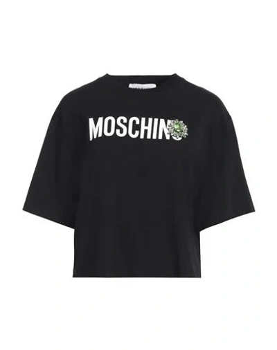 Moschino Woman T-shirt Black Size 6 Organic Cotton, Acrylic, Glass, Polyester