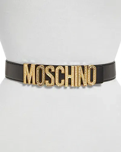 Moschino Women's Crystal Logo Leather Belt In Black/gold