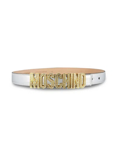 Moschino Women's Embellished Logo Leather Belt In Silver Gold