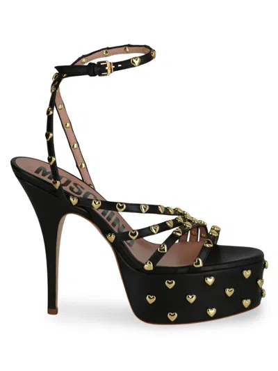 Moschino Women's Heart Studded Leather Sandals In Black