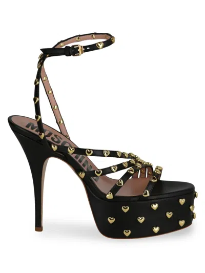 Moschino Heart Studded Platform Heels Woman Sandals Black Size 8 Tanned Leather