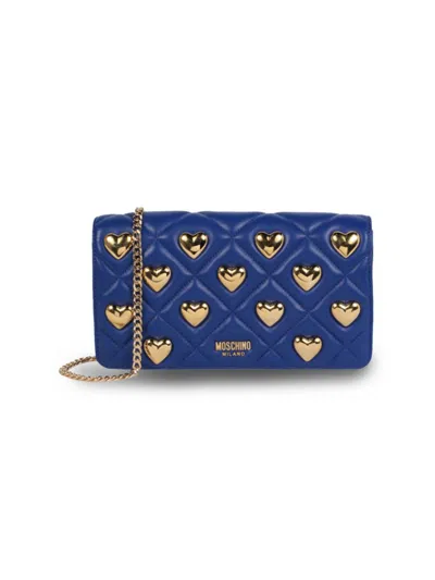 Moschino Women's Heart Studded Quilted Leather Crossbody Bag In Blue