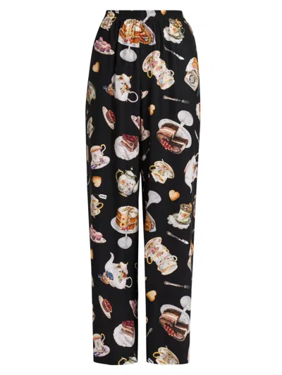 Moschino Women's High Tea Print Silk Trousers In Black