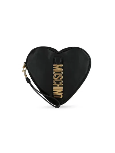 Moschino Women's Logo Heart Leather Wristlet Pouch In Black