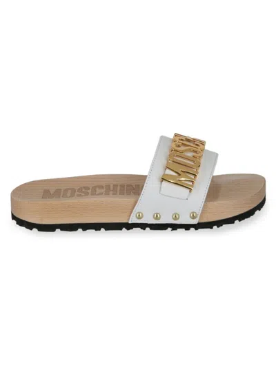 Moschino Women's Logo Leather Wood Sole Slides In White