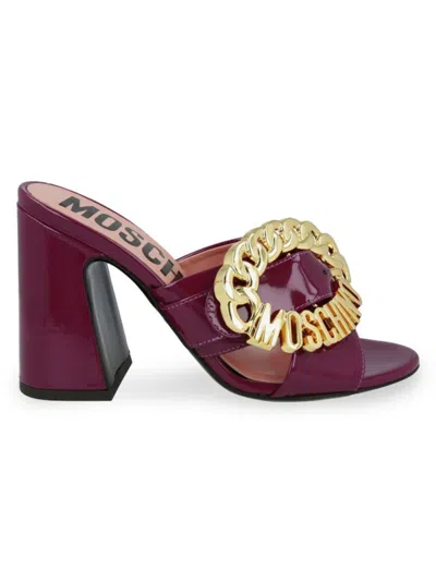 Moschino Women's Logo Patent Leather Flare Heel Sandals In Brown