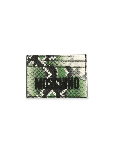 Moschino Women's Logo Snakeskin Print Leather Card Case In Green