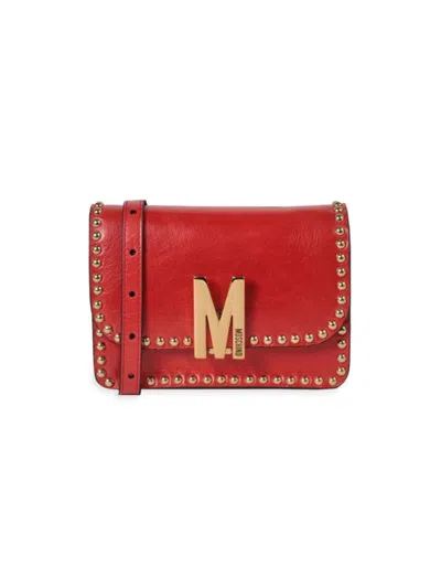 Moschino M Logo Studded Leather Shoulder Bag In Red