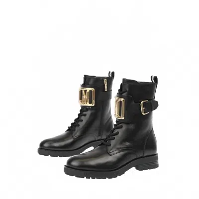 Moschino Women's Love Leather Combat Boots With Side Zip And Golden Detail In Black