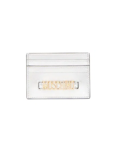 Moschino Women's Metallic Leather Crystal-logo Card Case In White