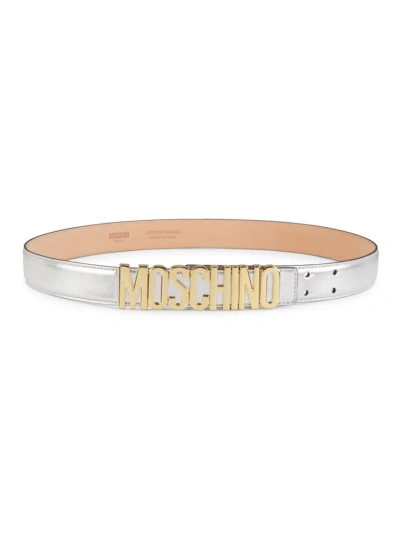 Moschino Women's Metallic Leather Logo Belt In White