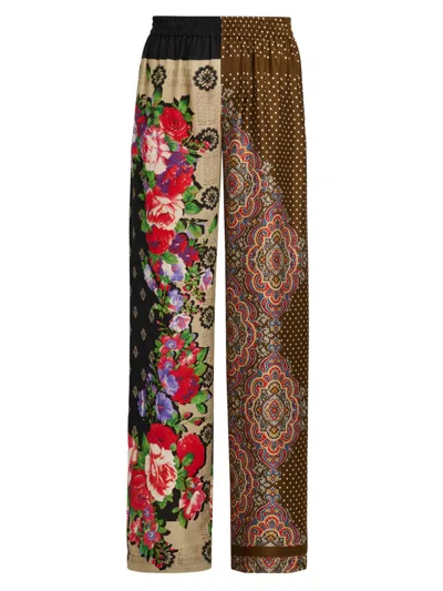 Moschino Women's Mixed Floral Print Silk Trousers In Green