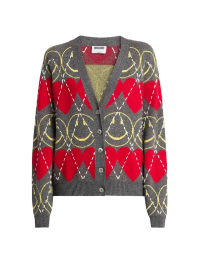 Moschino Women's Smile-heart Argyle Cardigan In Gray