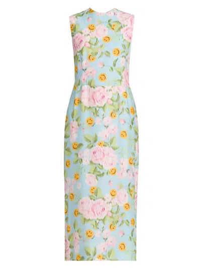 Moschino Women's Smiley And Flower Print Silk Midi-dress In Green