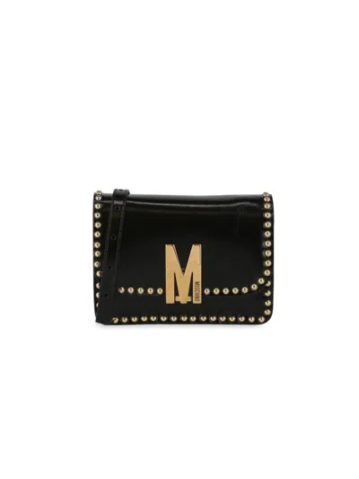 Moschino Women's M Logo Crystal-embellished Leather Shoulder Bag In Black