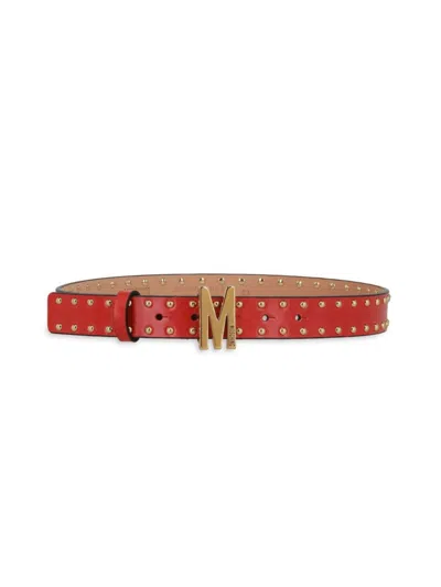 Moschino Women's Studded M-buckle Leather Belt In Fire Engine Red