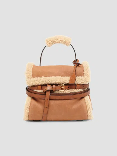 Moschino Women's Tie Me Shearling-trimmed Top Handle Bag In Beige