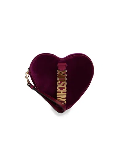 Moschino Women's Velvet Heart Logo Wristlet In Burgundy