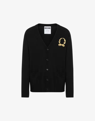 Moschino Wool And Cashmere Cardigan Laurel Crown Embroidery In Black