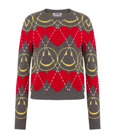 Moschino Wool Blend Pullover Smiley Grey In Gray