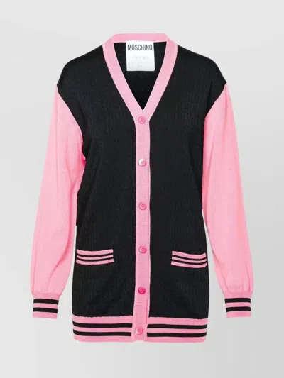 MOSCHINO WOOL CARDIGAN WITH V-NECK AND CONTRAST SLEEVES