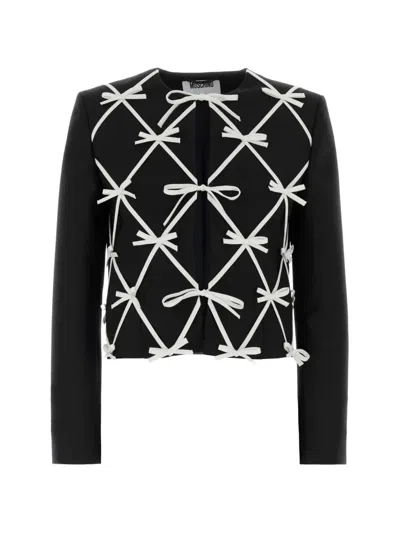 Moschino Wool Blazer Cropped Tailored Bow Detail In Black