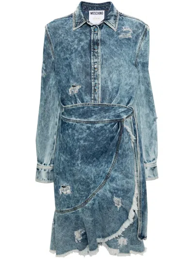Moschino Wraparound Distressed-denim Dress In Blue