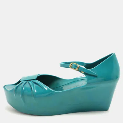Pre-owned Moschino X Kartell Blue Rubber Jelly Super Bow Wedge Sandals Size 40