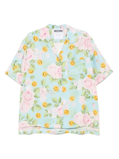 Moschino X Smiley Silk Shirt In Blue