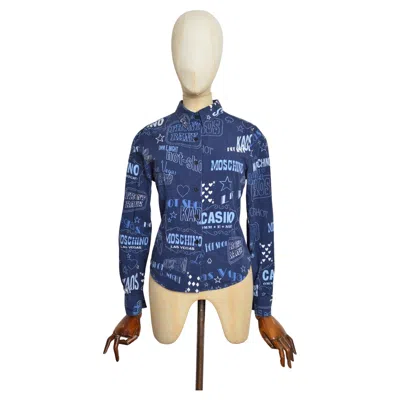 Pre-owned Moschino Y2k  Fitted Blue Las Vegas Casino Print 2000's Long Sleeve Shirt